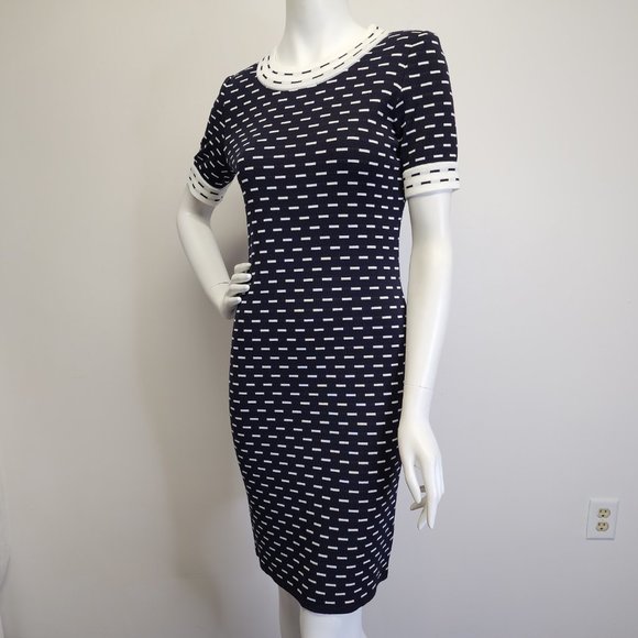 Misook Womens XS Petite Short Sleeve Knit Dress Navy Blue White Dashes & Trim - Picture 10 of 14
